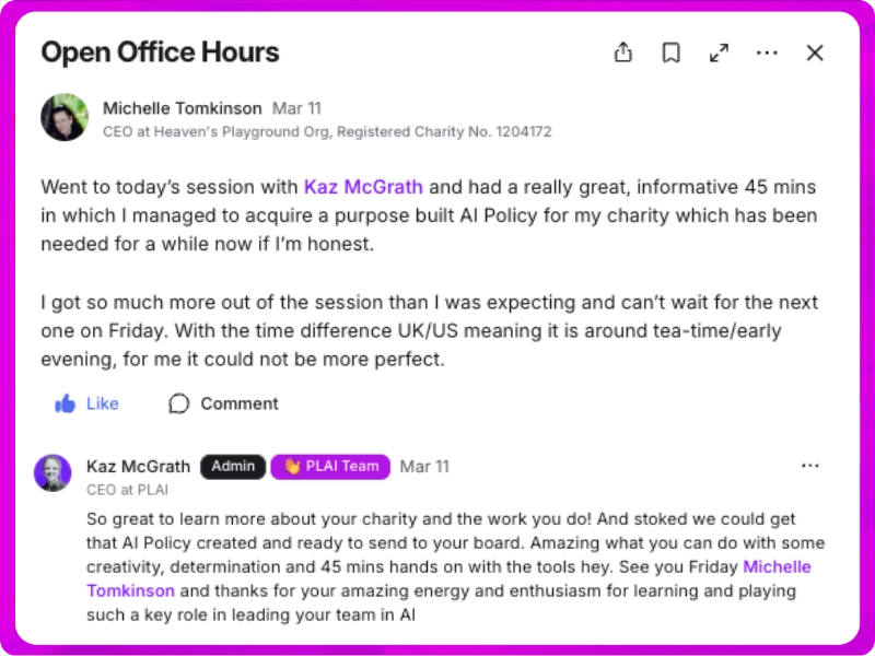 An Open Office Hours community post describing a one-to-one AI policy session