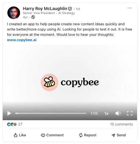 Harry Roy McLaughlin's LinkedIn post launching Copybee, early 2022