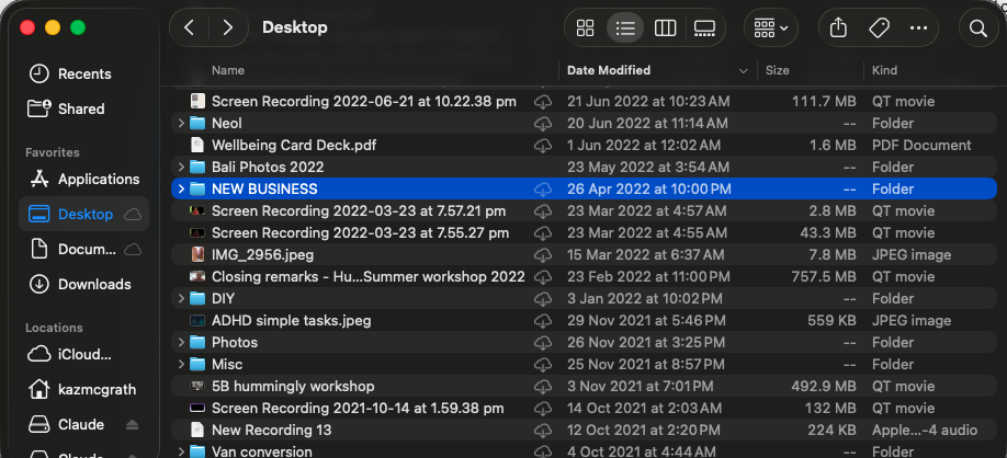 Mac desktop folder titled NEW BUSINESS, dated 26 April 2022